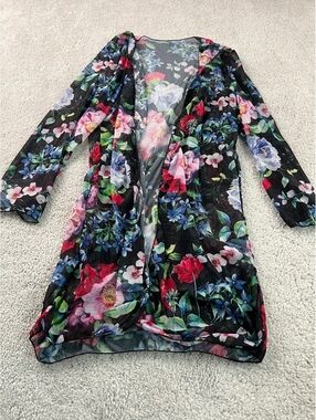 Women’s L Floral Sheer Mesh Long Duster Cardigan Open Front